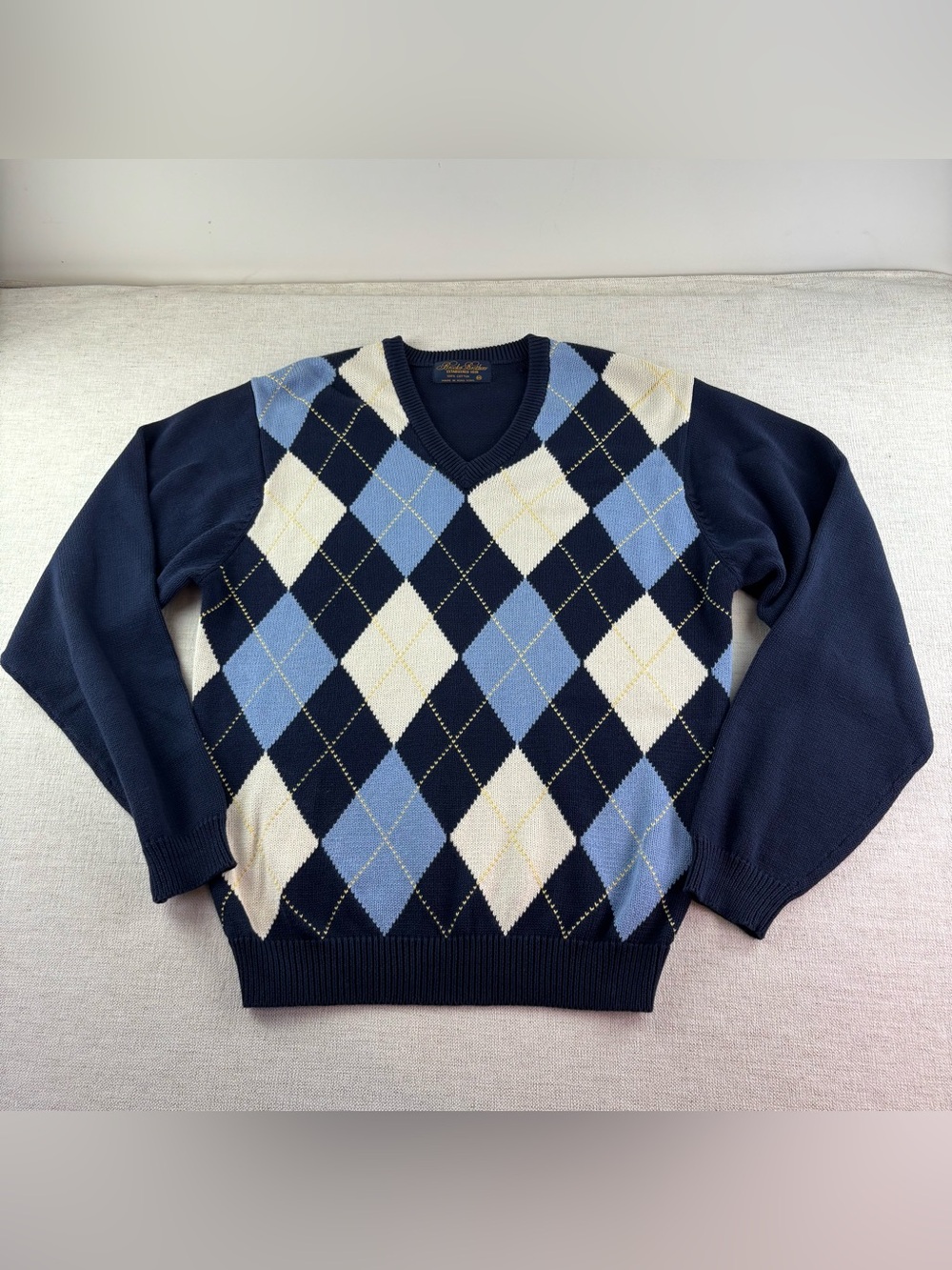 Brooks Brothers Men M Argyle V-Neck Sweater 100% cotton long sleeve navy blue
